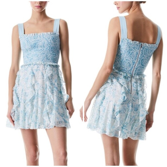 NWT Alice+Olivia Jocelyn Floral Smocked Cotton Ruffle Mini Dress SZ US 14 - Picture 2 of 10